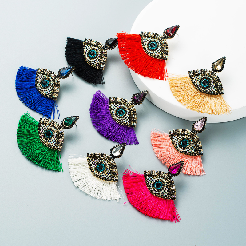 Devil's Eyes Inlaid Rhinestones Fan-shaped Tassel Earrings Wholesale Nihaojewelry display picture 2