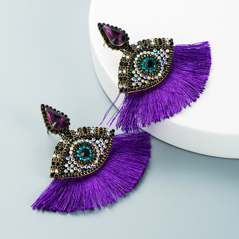Devil's Eyes Inlaid Rhinestones Fan-shaped Tassel Earrings Wholesale Nihaojewelry display picture 3