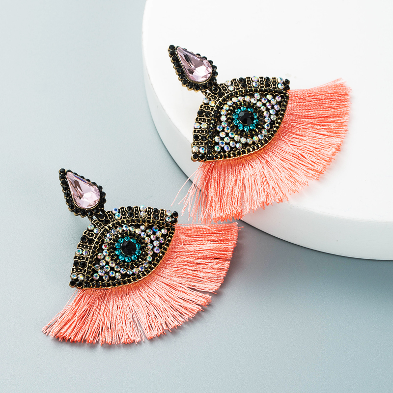 Devil's Eyes Inlaid Rhinestones Fan-shaped Tassel Earrings Wholesale Nihaojewelry display picture 6