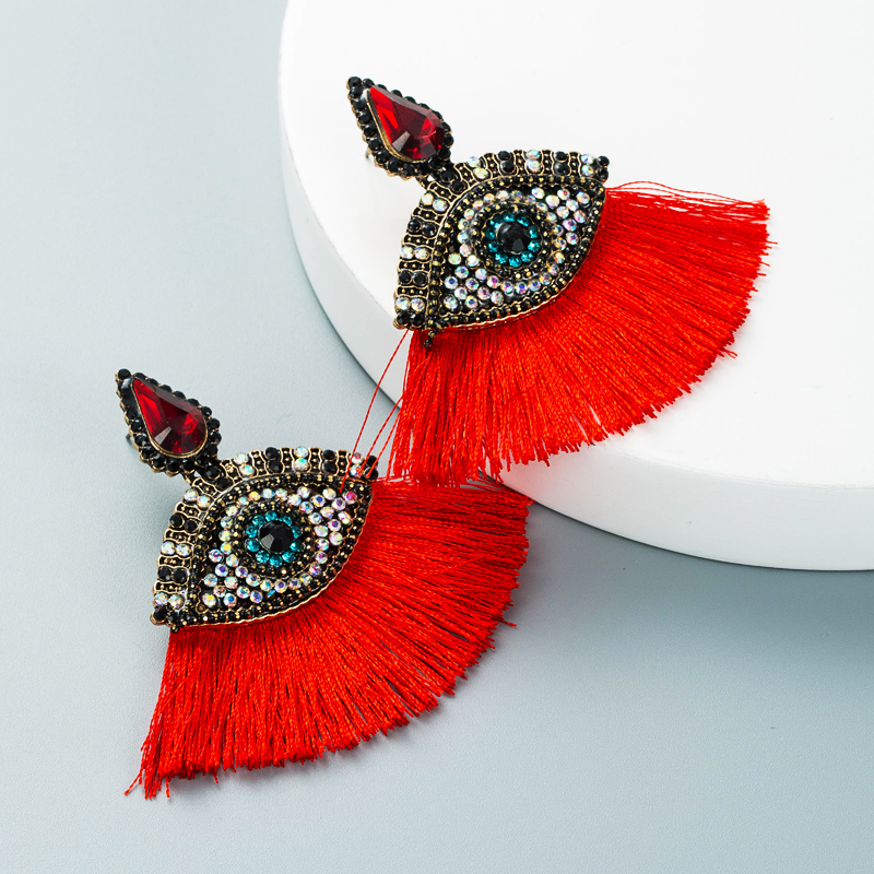 Devil's Eyes Inlaid Rhinestones Fan-shaped Tassel Earrings Wholesale Nihaojewelry display picture 7