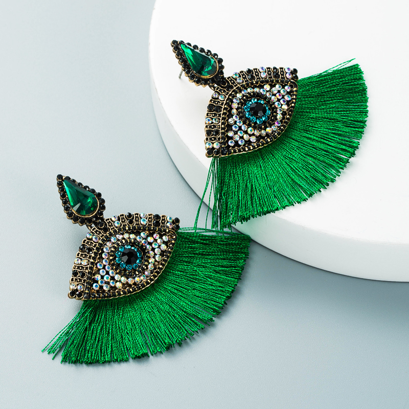 Devil's Eyes Inlaid Rhinestones Fan-shaped Tassel Earrings Wholesale Nihaojewelry display picture 9