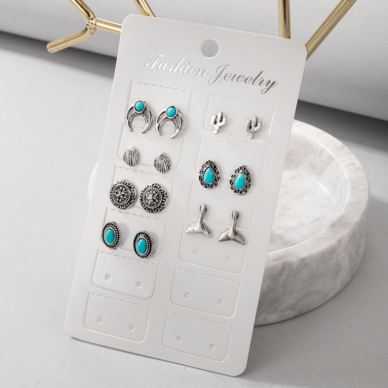 Ethnic Style Geometric Diamond Turquoise Stud Earrings Set Wholesale Nihaojewelry display picture 3
