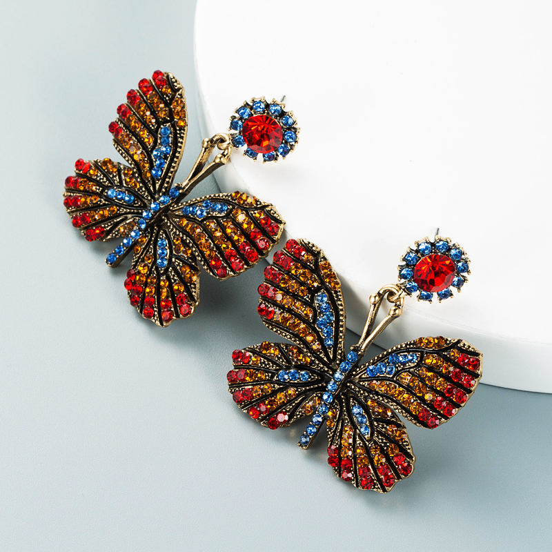 Retro Alloy Diamond Rhinestone Color Butterfly Earrings Wholesale Nihaojewelry display picture 3