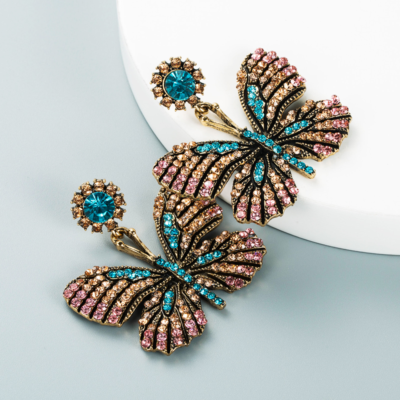 Retro Alloy Diamond Rhinestone Color Butterfly Earrings Wholesale Nihaojewelry display picture 4