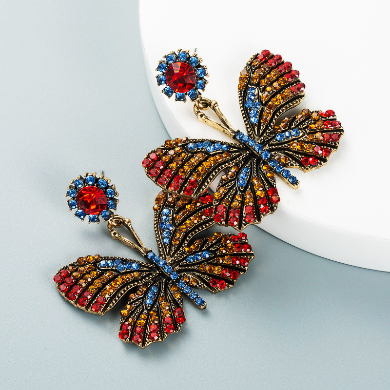 Retro Alloy Diamond Rhinestone Color Butterfly Earrings Wholesale Nihaojewelry display picture 5
