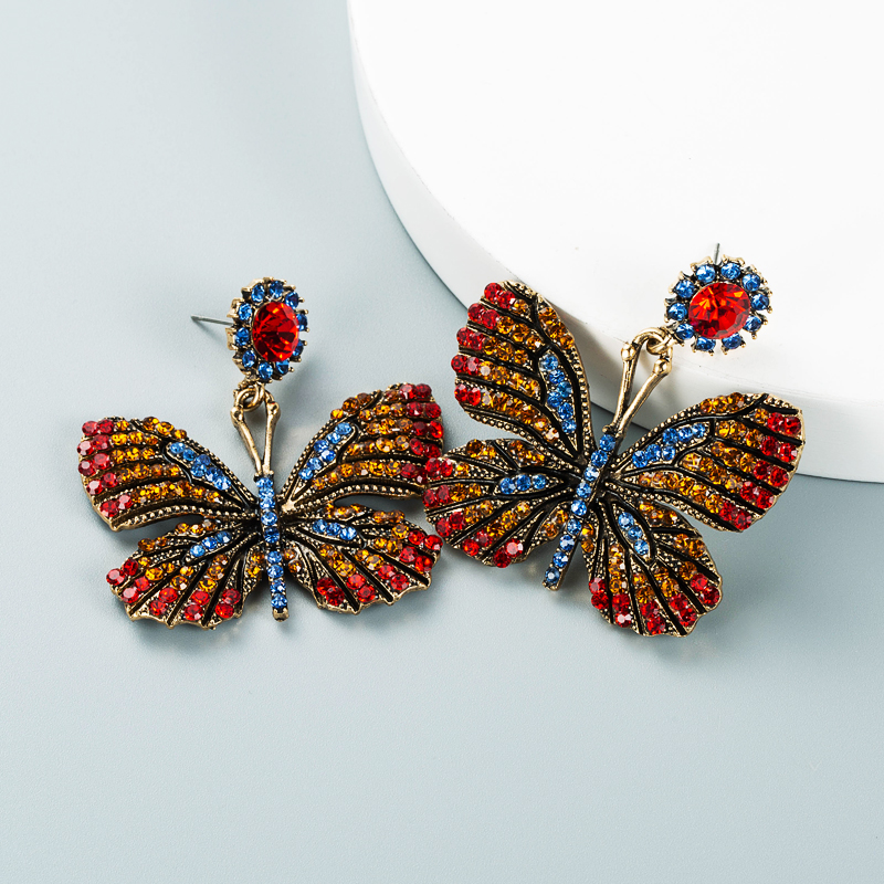 Retro Alloy Diamond Rhinestone Color Butterfly Earrings Wholesale Nihaojewelry display picture 6