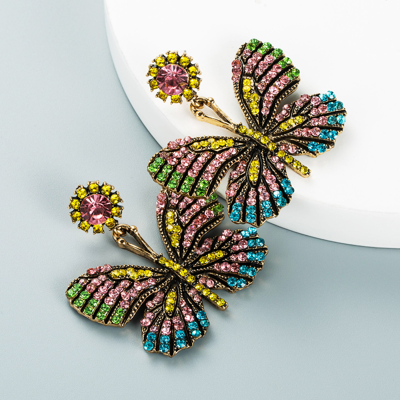 Retro Alloy Diamond Rhinestone Color Butterfly Earrings Wholesale Nihaojewelry display picture 7