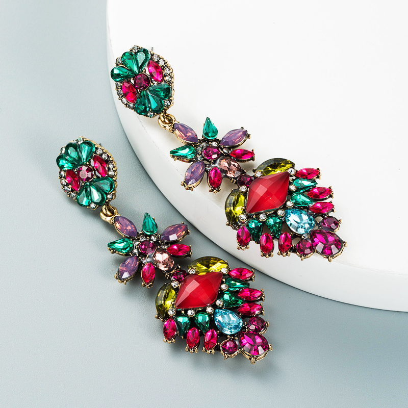 Fashion Colored Diamond Multi-layer Alloy Rhinestone Flower Earrings Wholesale Nihaojewelry display picture 3