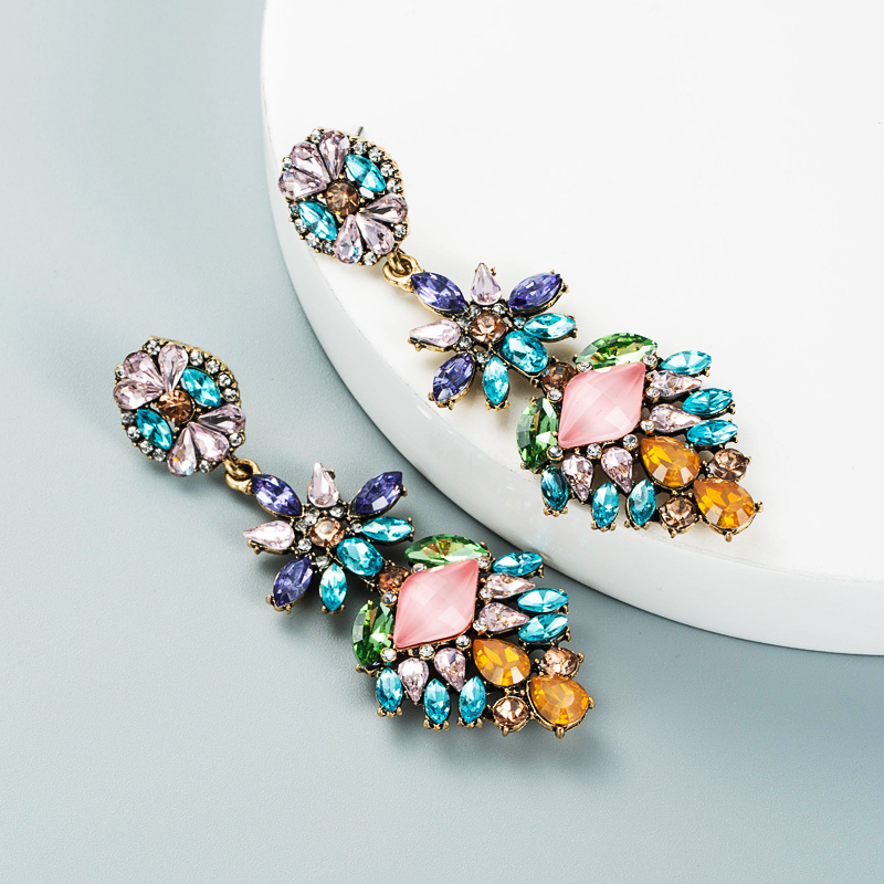 Fashion Colored Diamond Multi-layer Alloy Rhinestone Flower Earrings Wholesale Nihaojewelry display picture 5