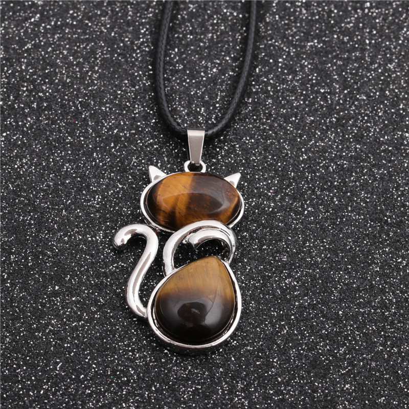 Casual Cute Cat Stainless Steel Plating Inlay Natural Stone Crystal Glass Pendant Necklace Long Necklace display picture 3