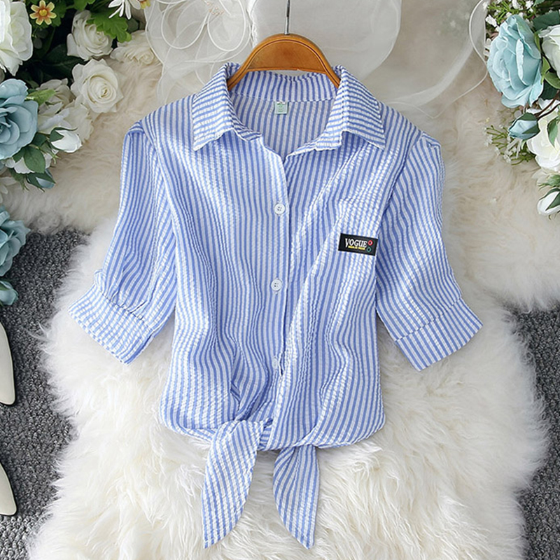Lady Stripe Collar Color Lace-up Versatile Puff Sleeve Shirt display picture 2