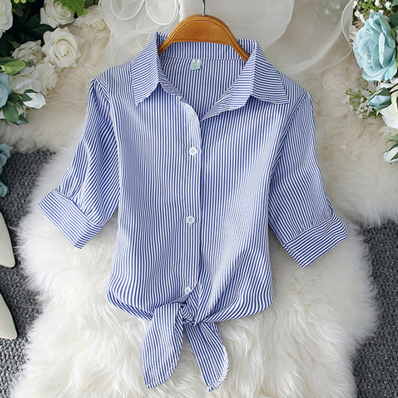 Lady Stripe Collar Color Lace-up Versatile Puff Sleeve Shirt display picture 4