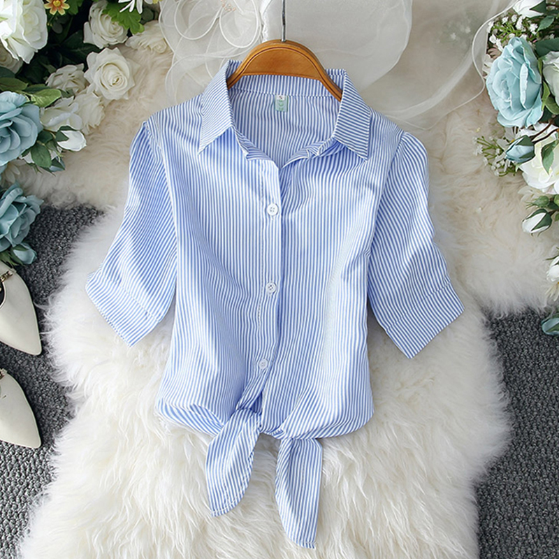 Lady Stripe Collar Color Lace-up Versatile Puff Sleeve Shirt display picture 5