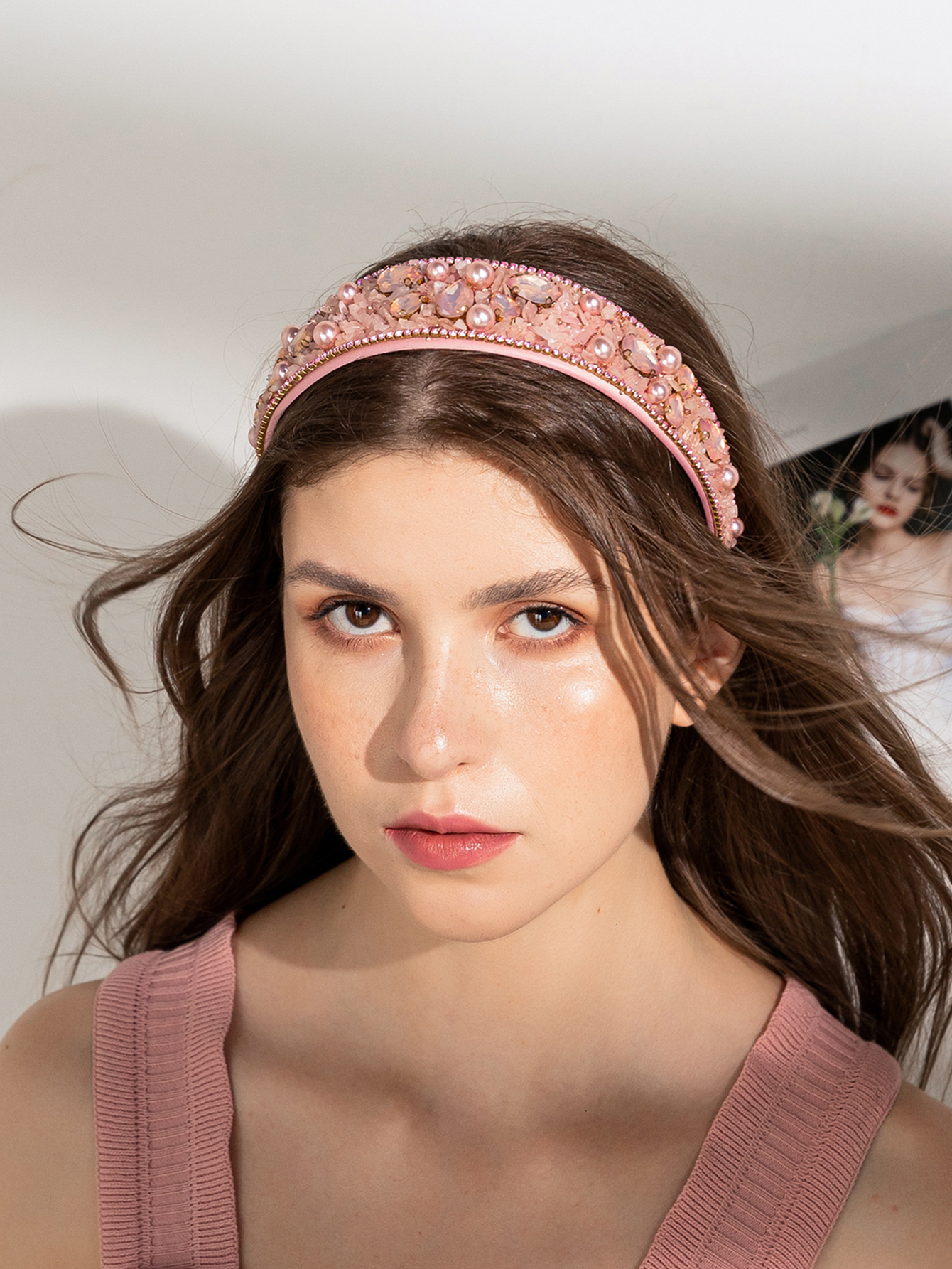Pink Crystal Gem Rhinestone Baroque Headband display picture 2