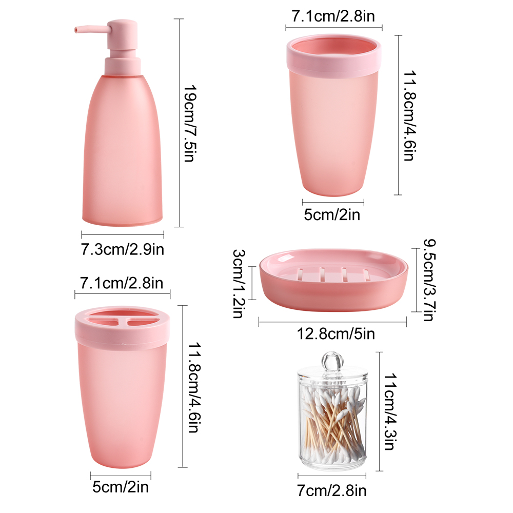 Light Pink Five-piece Lotion Bottle Mouthwash Cup Toothbrush Holder Soap Box Cotton Swab Box Wash Set display picture 2