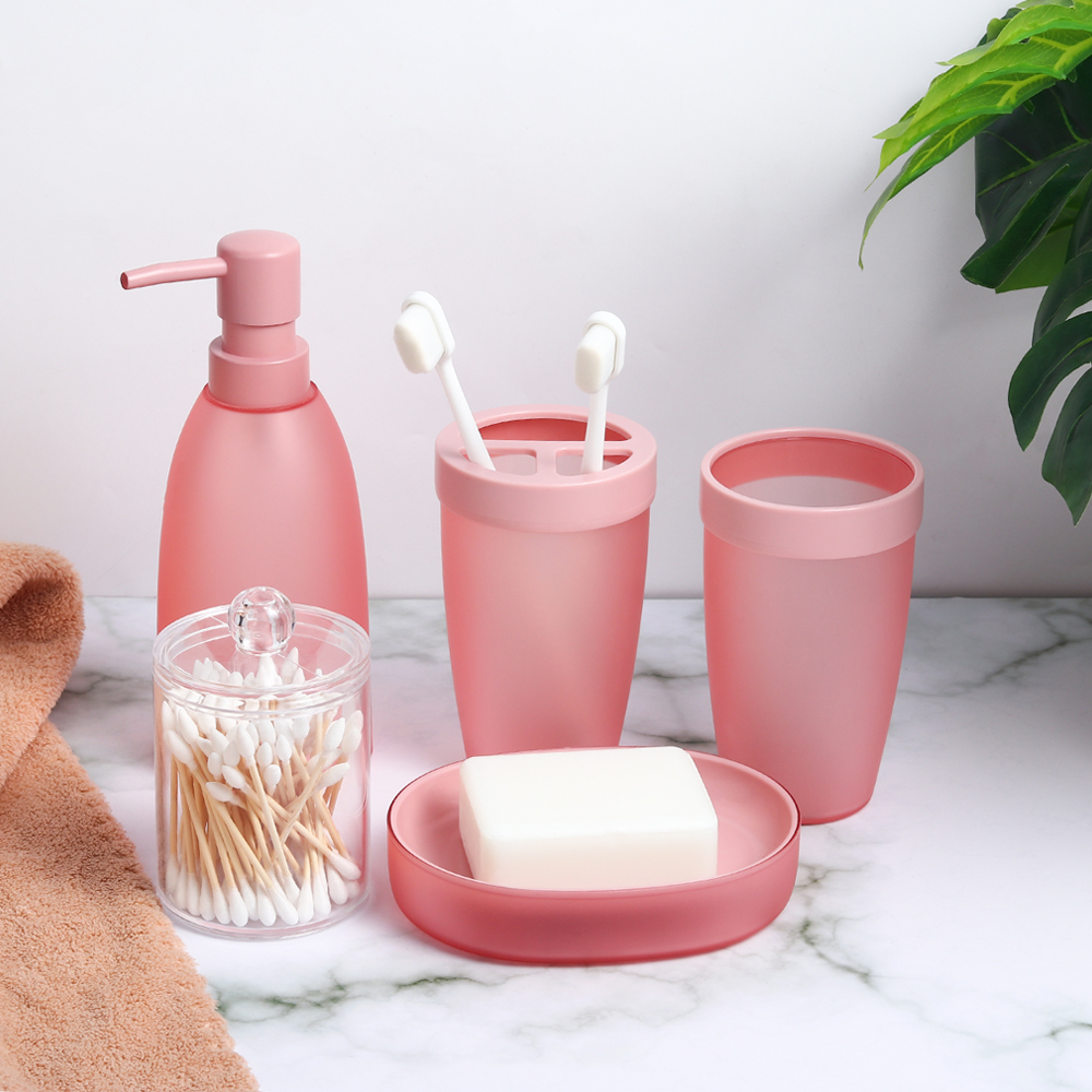 Light Pink Five-piece Lotion Bottle Mouthwash Cup Toothbrush Holder Soap Box Cotton Swab Box Wash Set display picture 5