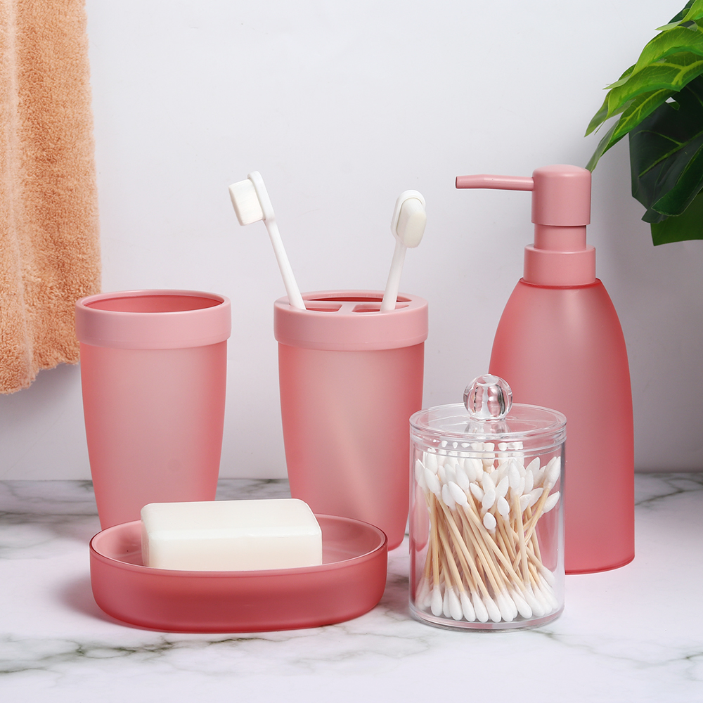 Light Pink Five-piece Lotion Bottle Mouthwash Cup Toothbrush Holder Soap Box Cotton Swab Box Wash Set display picture 6