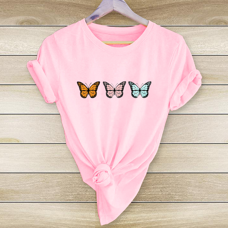 Three Little Butterflies Print Casual Short Sleeve T-shirt display picture 1