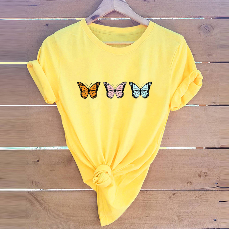 Three Little Butterflies Print Casual Short Sleeve T-shirt display picture 2