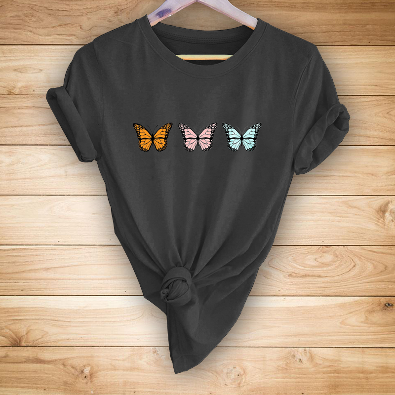 Three Little Butterflies Print Casual Short Sleeve T-shirt display picture 3