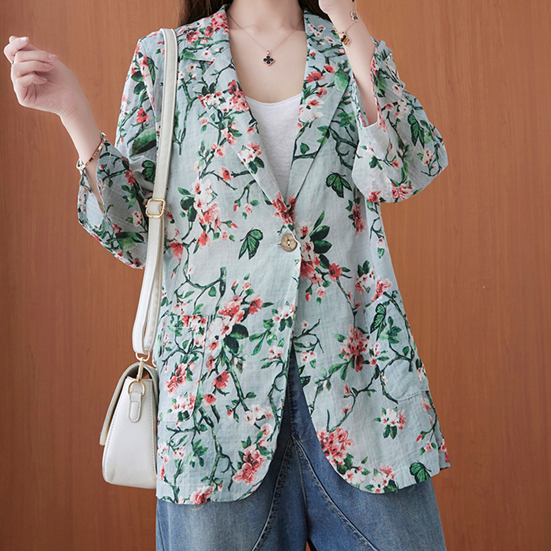 Autumn Cotton And Hemp Suit Jacket New Floral Casual Coat display picture 1