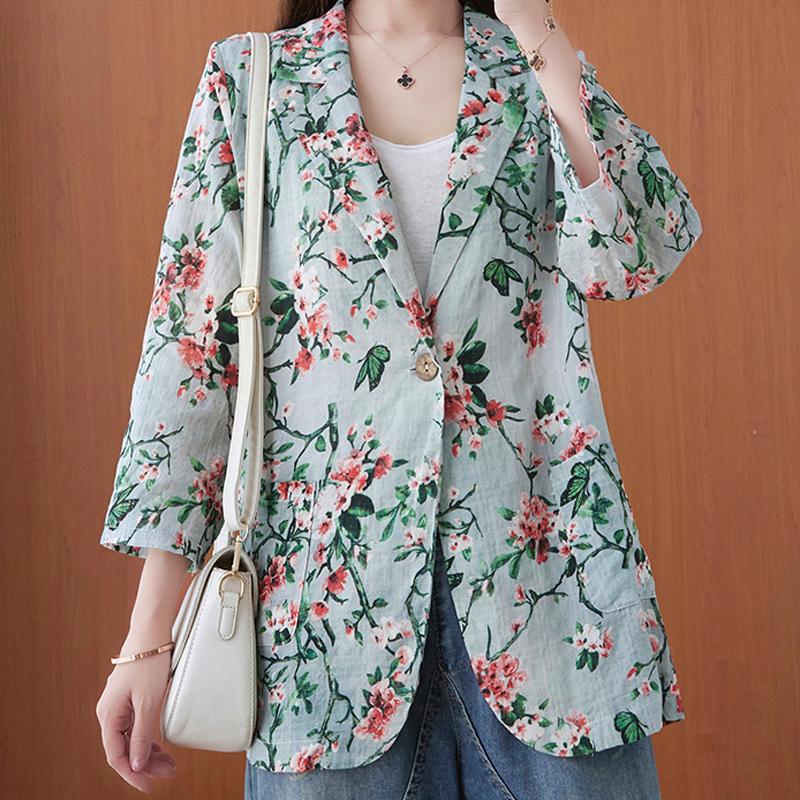 Autumn Cotton And Hemp Suit Jacket New Floral Casual Coat display picture 2