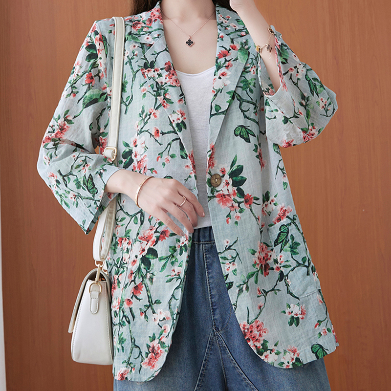 Autumn Cotton And Hemp Suit Jacket New Floral Casual Coat display picture 3