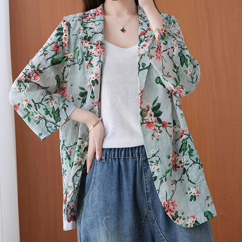 Autumn Cotton And Hemp Suit Jacket New Floral Casual Coat display picture 4