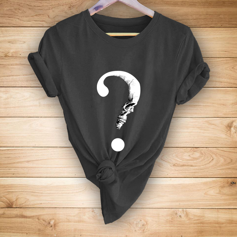 Women&#39;s Skull Question Mark Print Casual Short Sleeve T-shirt display picture 1