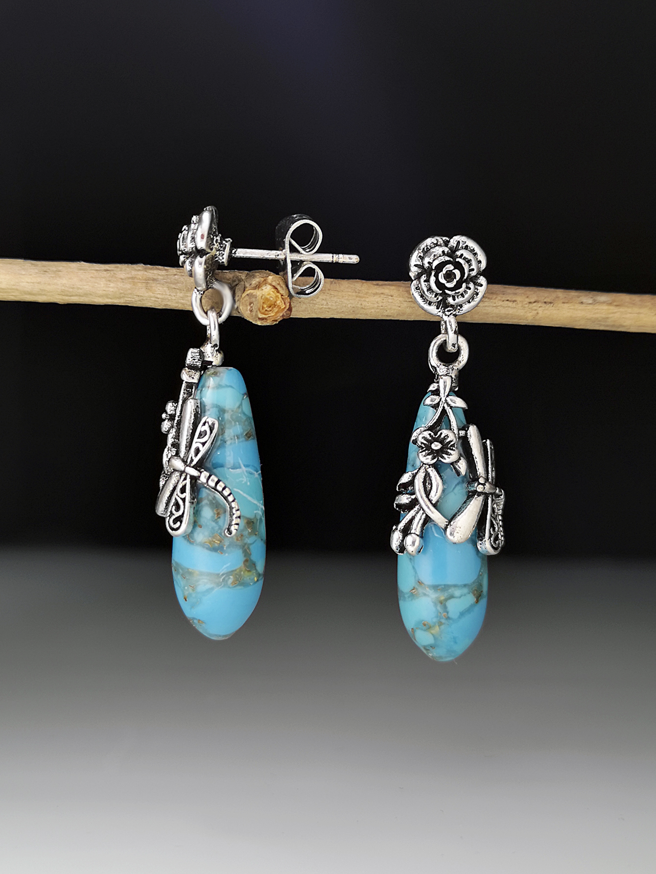 European And American Creative Flower Dragonfly And Turquoise Earrings Female Wholesale display picture 2
