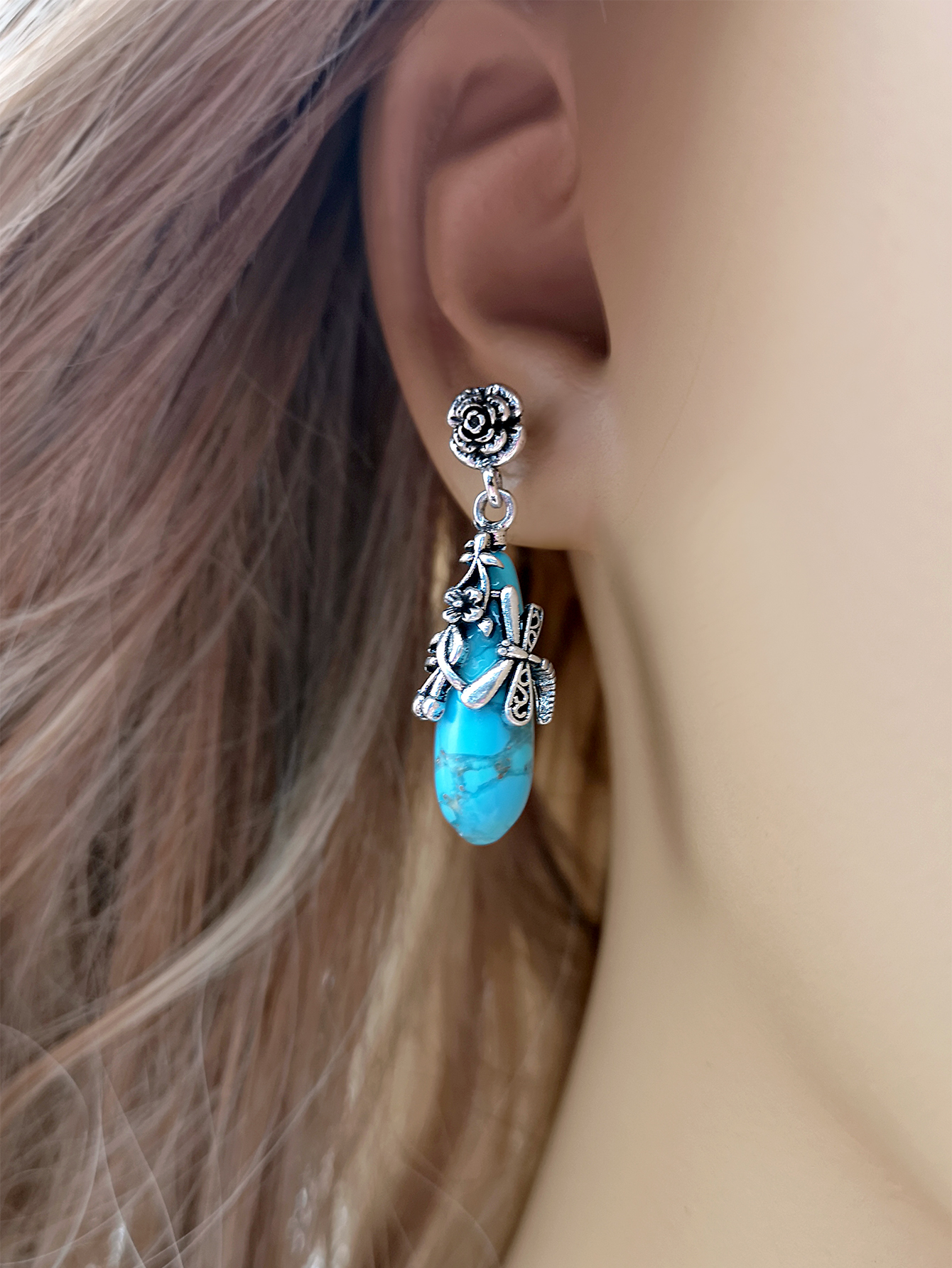 European And American Creative Flower Dragonfly And Turquoise Earrings Female Wholesale display picture 3