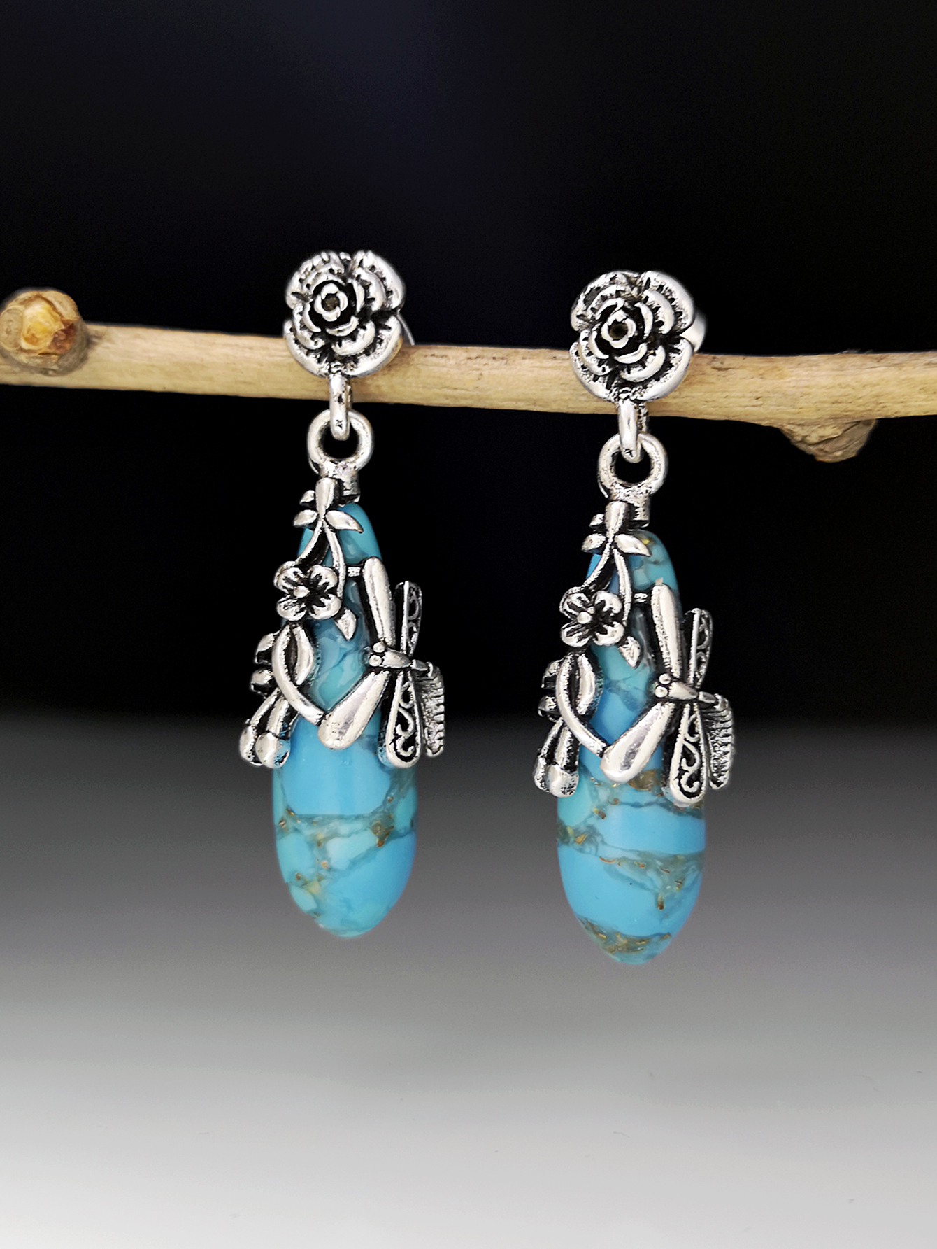 European And American Creative Flower Dragonfly And Turquoise Earrings Female Wholesale display picture 4