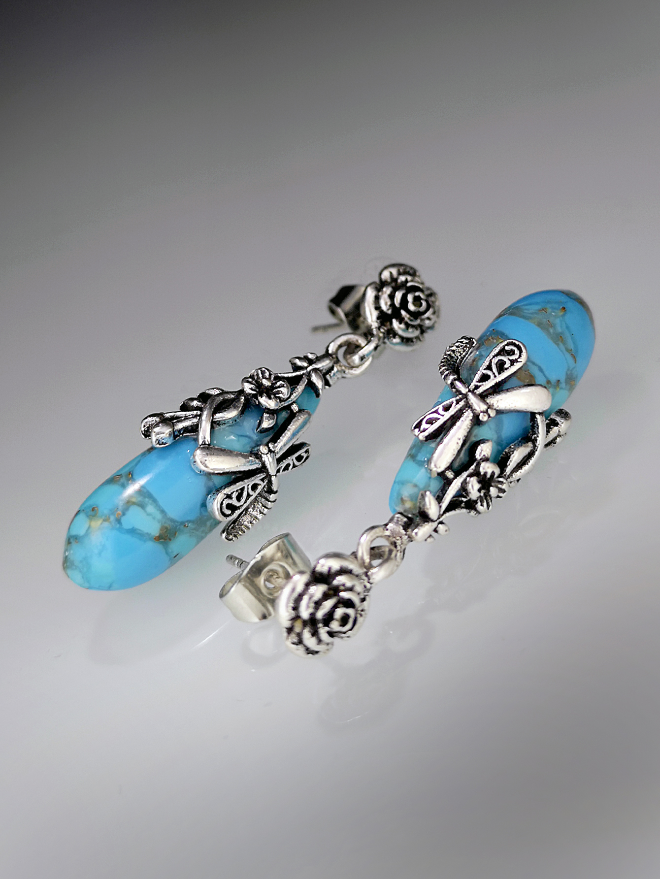 European And American Creative Flower Dragonfly And Turquoise Earrings Female Wholesale display picture 5