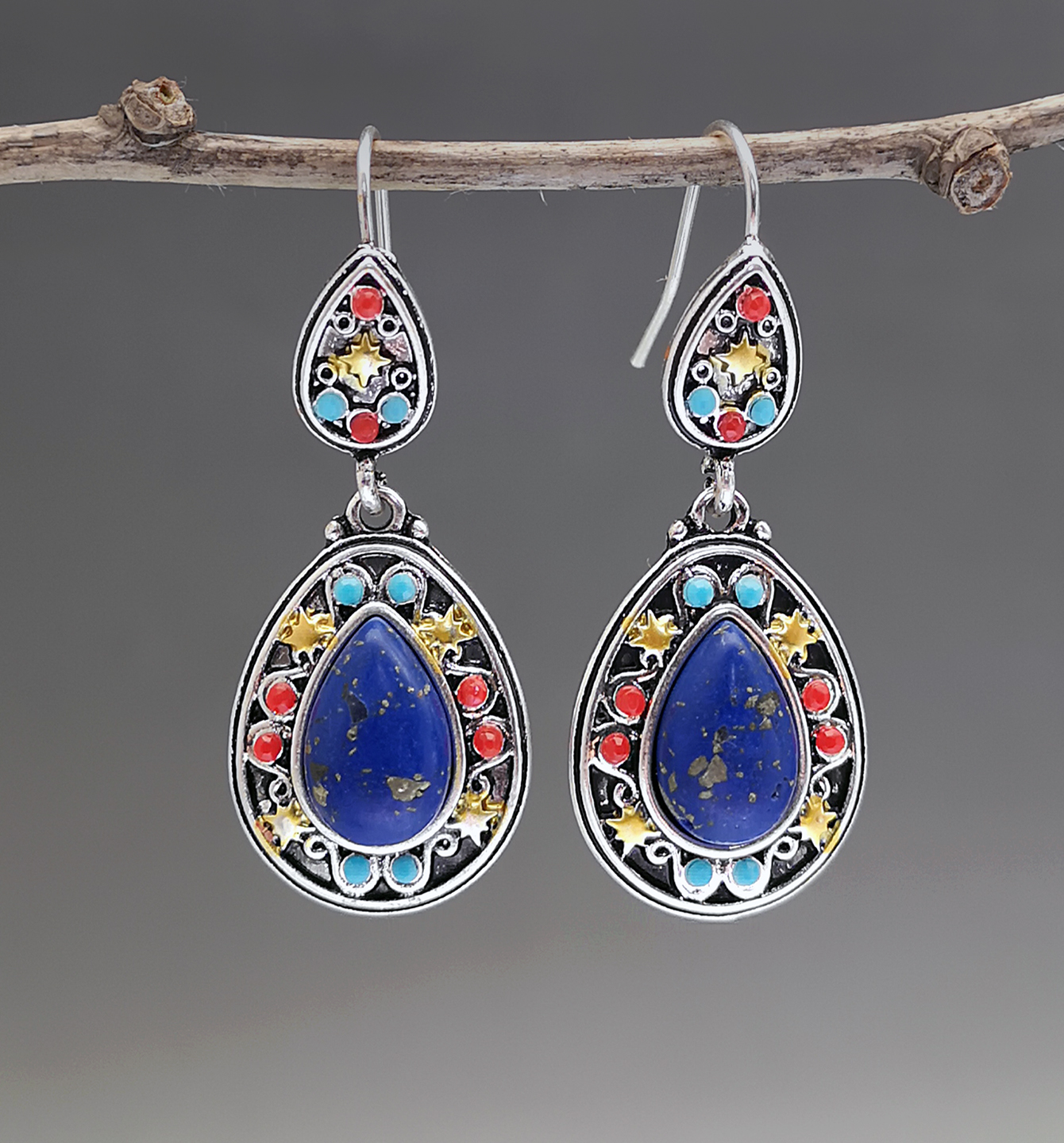 European And American Retro Color Separation Blue Gold Natural Stone Earrings Wholesale display picture 1