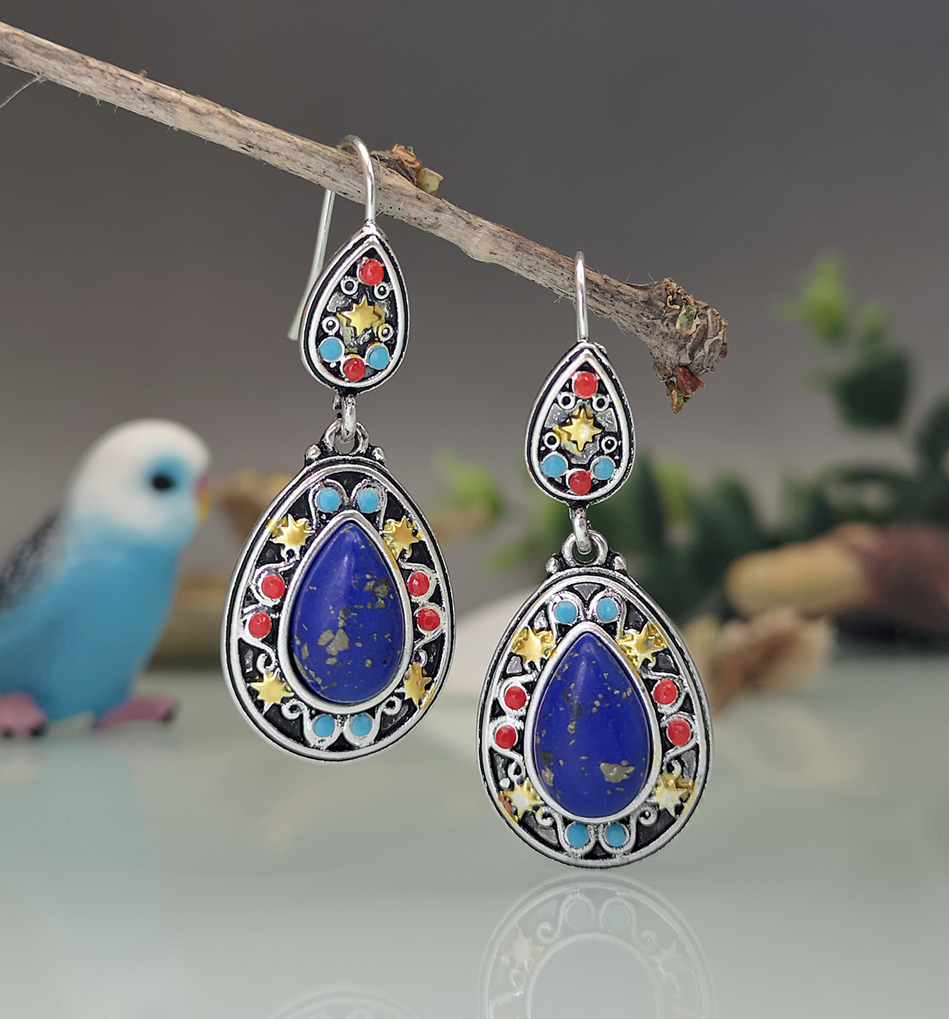 European And American Retro Color Separation Blue Gold Natural Stone Earrings Wholesale display picture 3