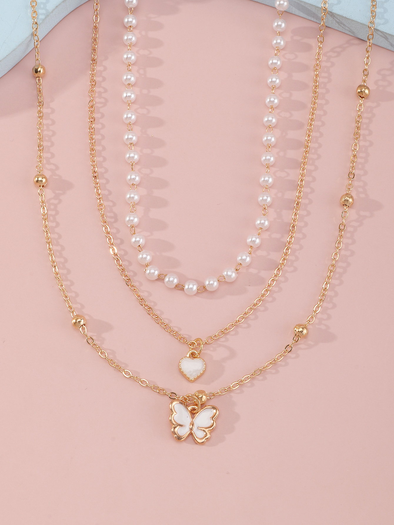 Cute Heart Shape Alloy Pearl Girl's Necklace 3 Pieces display picture 2
