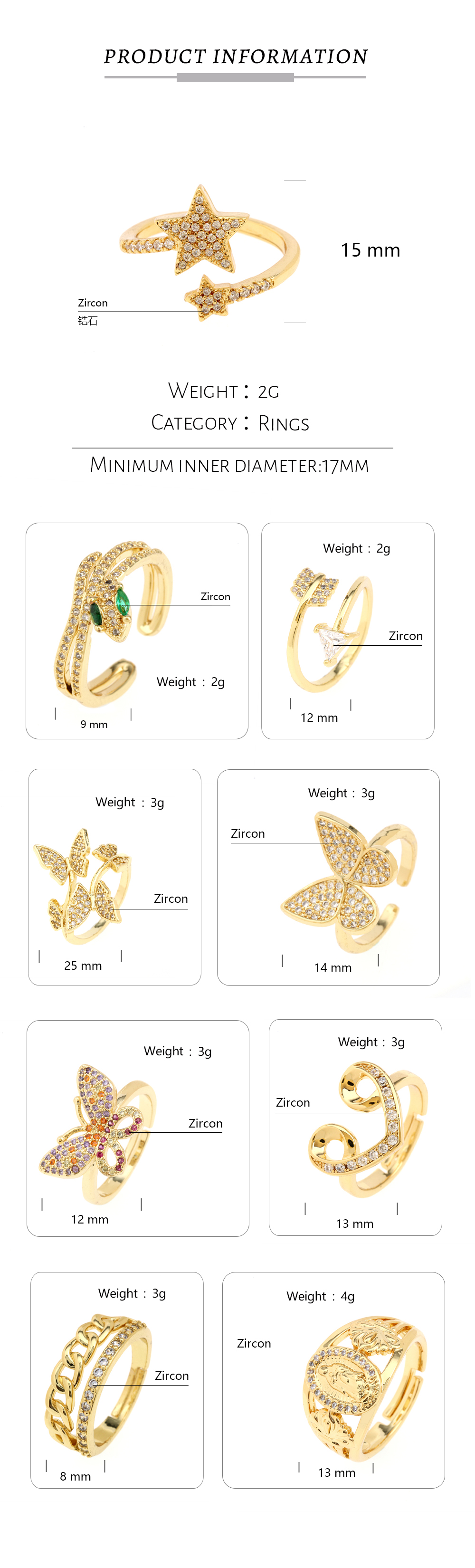 Fashion Star Snake Butterfly Copper Gold Plated Zircon Open Ring 1 Piece display picture 1