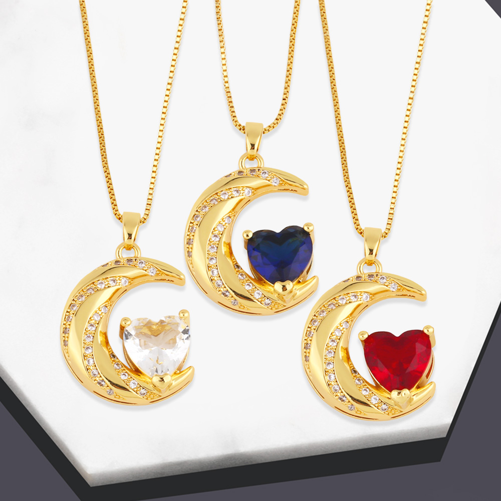 Fashion Moon Heart Shape Copper Gold Plated Zircon Pendant Necklace 1 Piece display picture 2