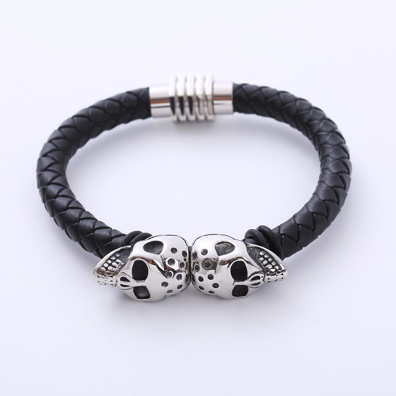 Hip-hop Skull Stainless Steel Woven Belt Pu Bracelets 1 Piece display picture 1