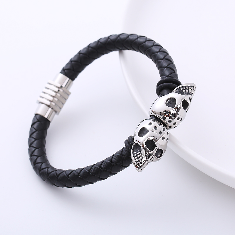 Hip-hop Skull Stainless Steel Woven Belt Pu Bracelets 1 Piece display picture 2