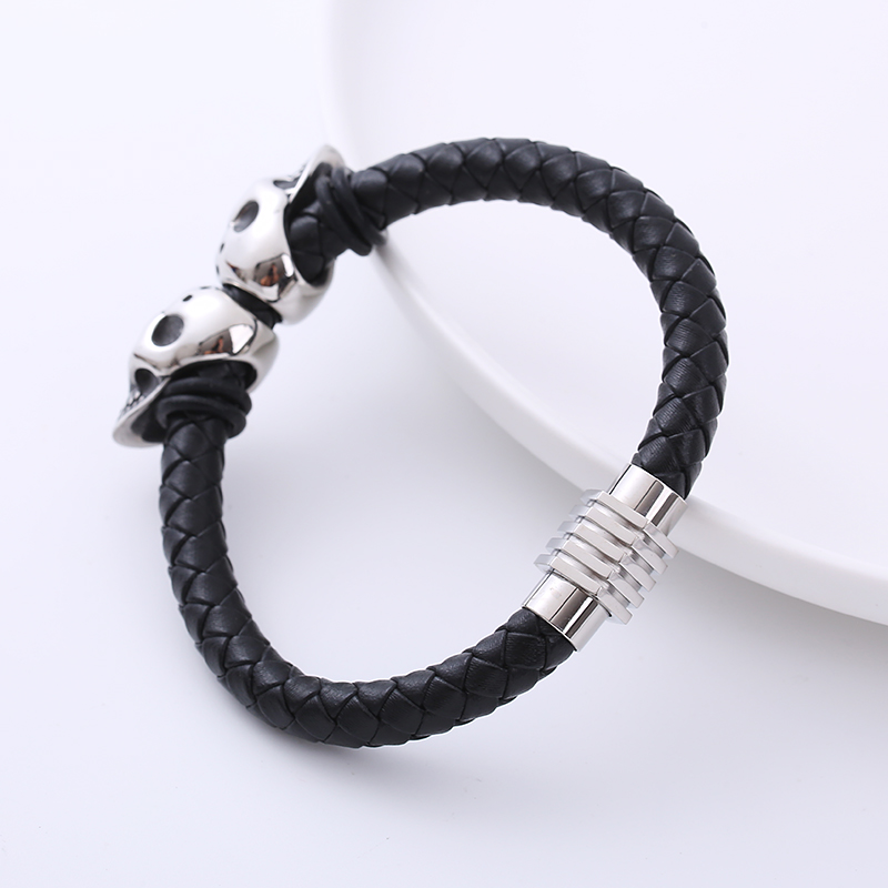 Hip-hop Skull Stainless Steel Woven Belt Pu Bracelets 1 Piece display picture 3