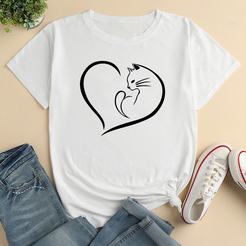 Unisex T-shirt Short Sleeve T-shirts Printing Simple Style Heart Shape Cat display picture 1