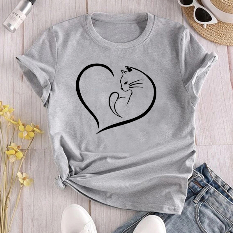 Unisex T-shirt Short Sleeve T-shirts Printing Simple Style Heart Shape Cat display picture 3