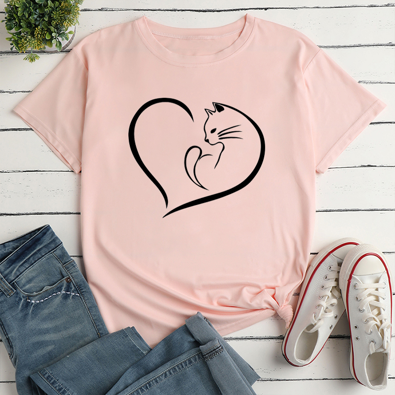 Unisex T-shirt Short Sleeve T-shirts Printing Simple Style Heart Shape Cat display picture 6