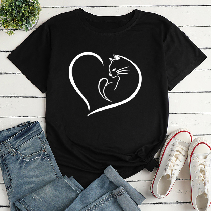 Unisex T-shirt Short Sleeve T-shirts Printing Simple Style Heart Shape Cat display picture 5