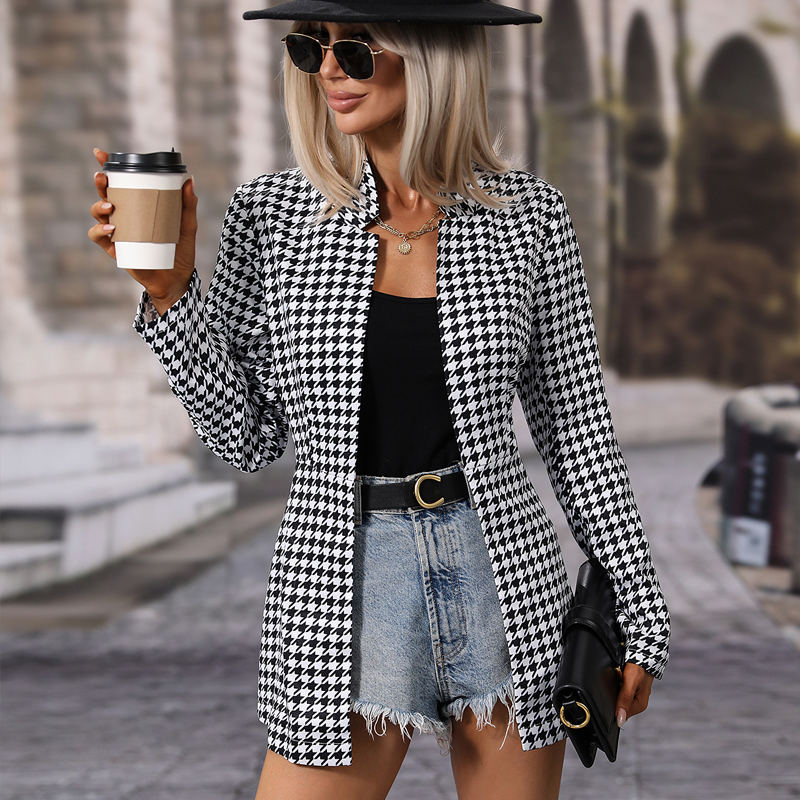 Women's Fashion Houndstooth Placket Coat display picture 1