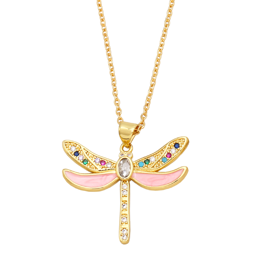 Retro Insect Dragonfly Copper Enamel Gold Plated Zircon Pendant Necklace 1 Piece display picture 4