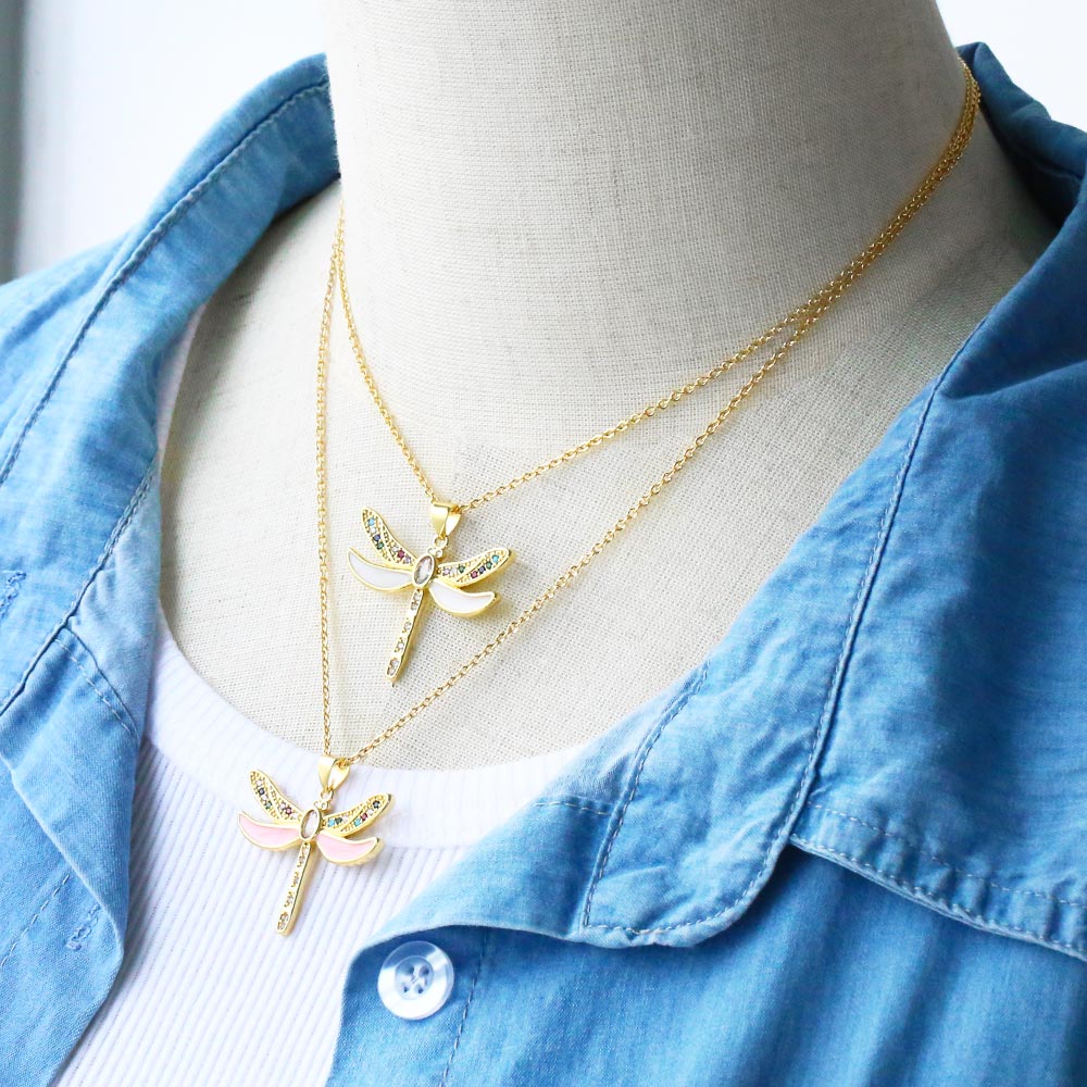 Retro Insect Dragonfly Copper Enamel Gold Plated Zircon Pendant Necklace 1 Piece display picture 6