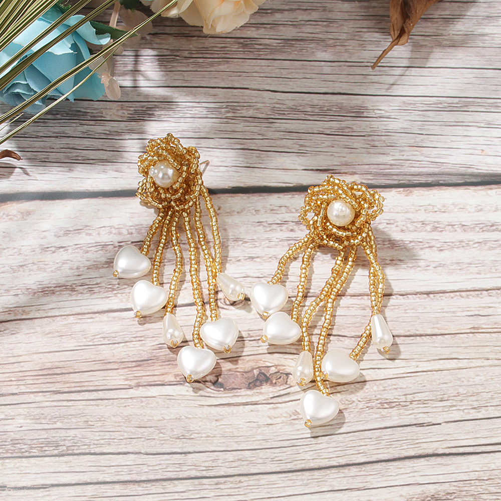 Bohemian Heart Shape Flower Beaded Imitation Pearl Glass Women's Dangling Earrings 1 Pair display picture 8