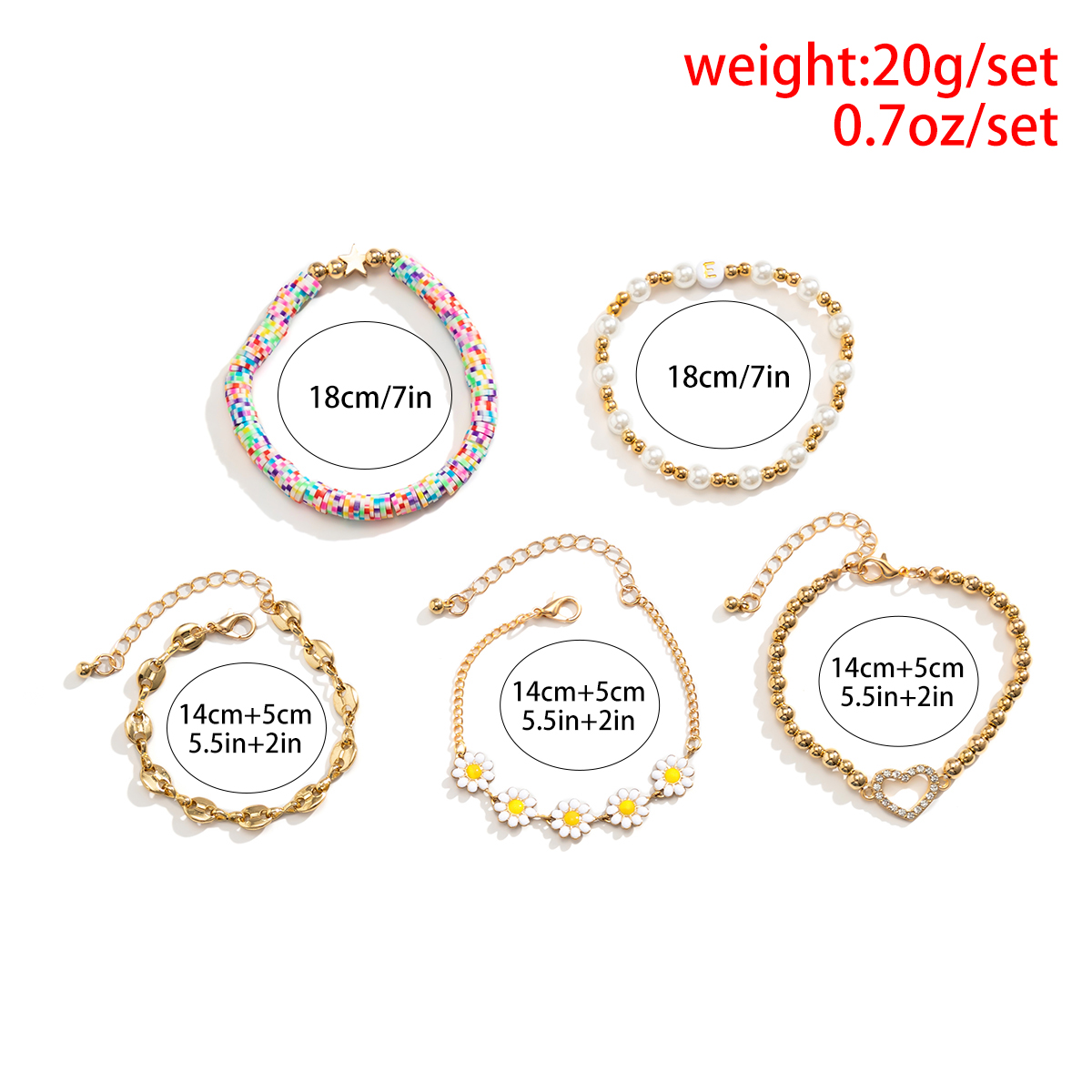 Vacation Heart Shape Daisy Alloy Soft Clay Beaded Artificial Pearls Rhinestones Women's Bracelets 5 Piece Set display picture 1